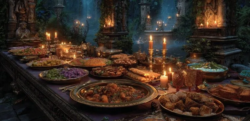Mythical Dinner Table With Diverse Legendary Dishes