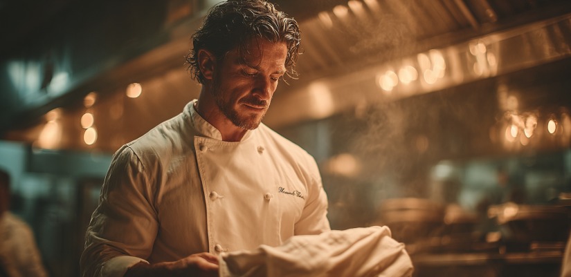 Chef Holding Folded Jacket In Quiet Kitchen
