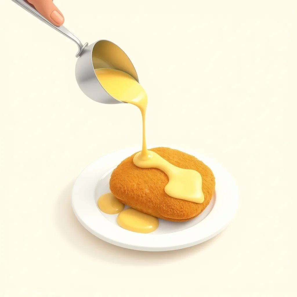 Creamy Dijon chicken cordon bleu sauce being poured from a saucepan over a golden breaded chicken cutlet on a white plate