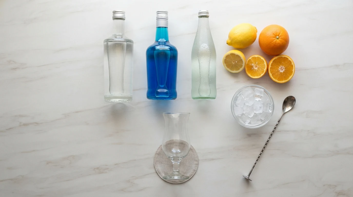 Blue Lagoon cocktail ingredients: vodka, blue curaçao, lemonade, lemon and orange