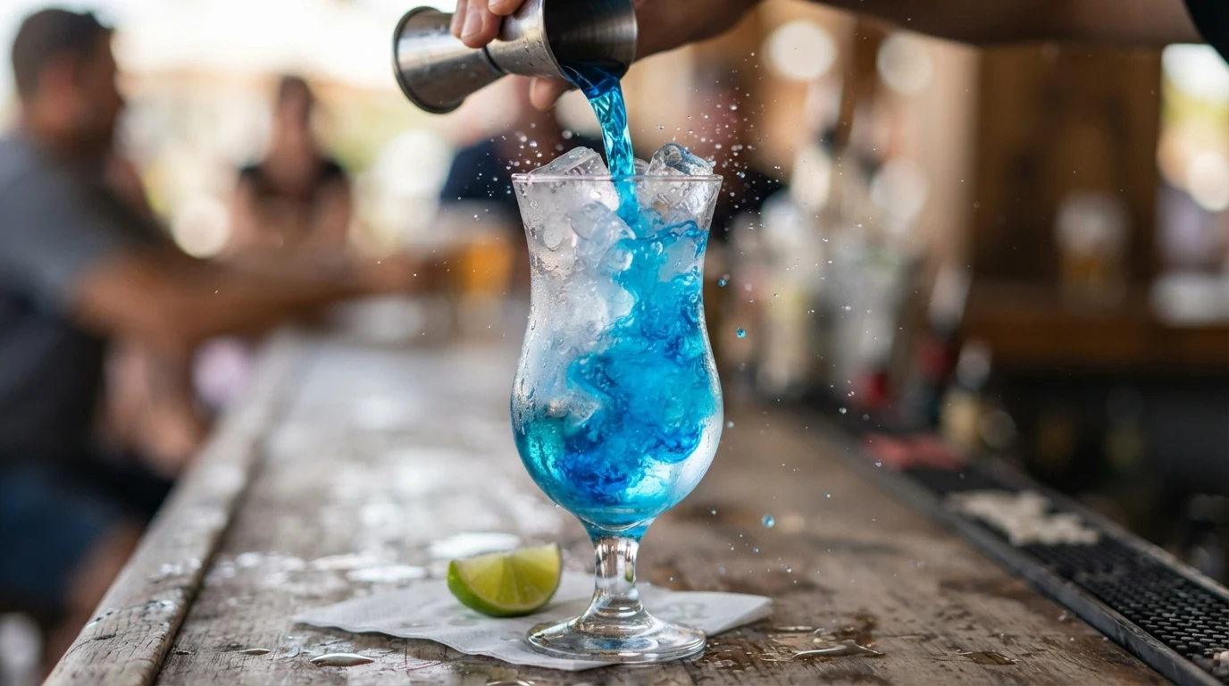 Pouring blue curaçao and vodka over ice to make a Blue Lagoon cocktail