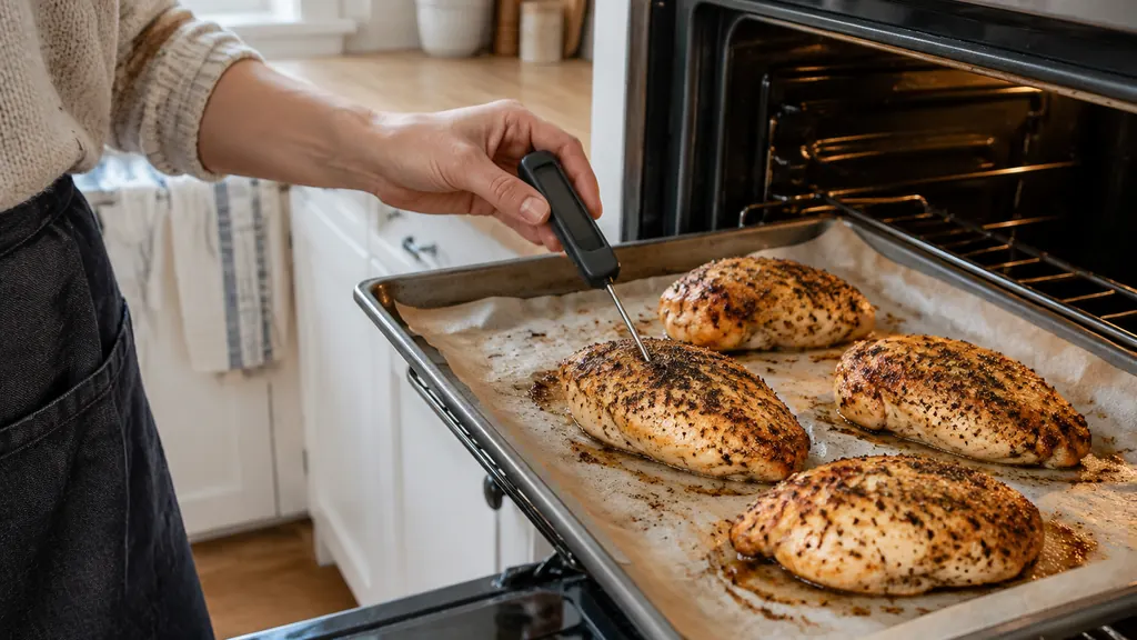 Cook checking chicken breast temperature with a digital probe