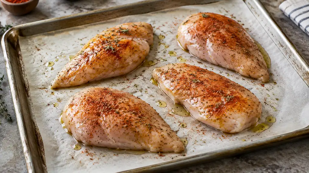 Seasoned chicken breasts spaced apart on a sheet pan