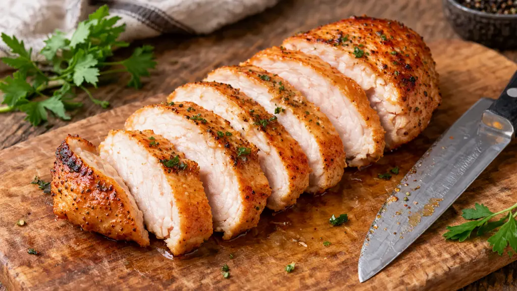 Sliced baked chicken breast resting on a cutting board