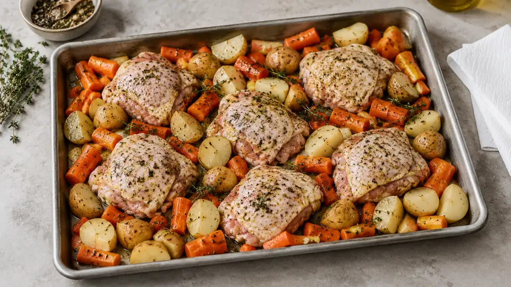 Sheet pan with seasoned raw chicken and vegetables ready for the oven