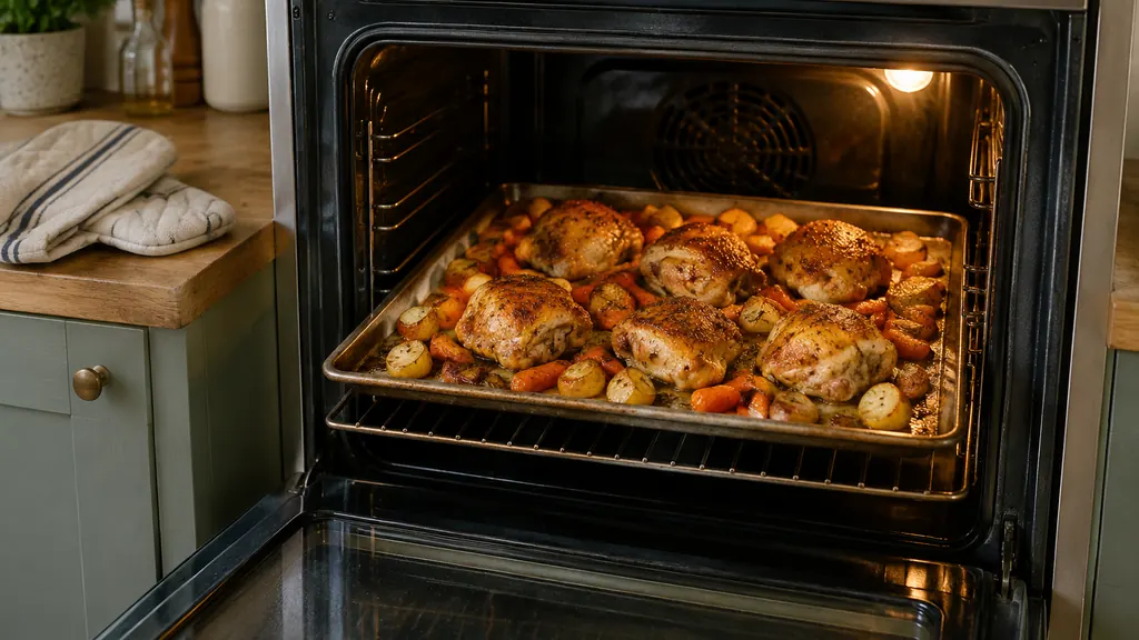 Golden baked chicken thighs with roasted potatoes and carrots in the oven