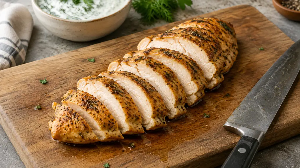 Sliced baked chicken breast resting on a cutting board with pan juices