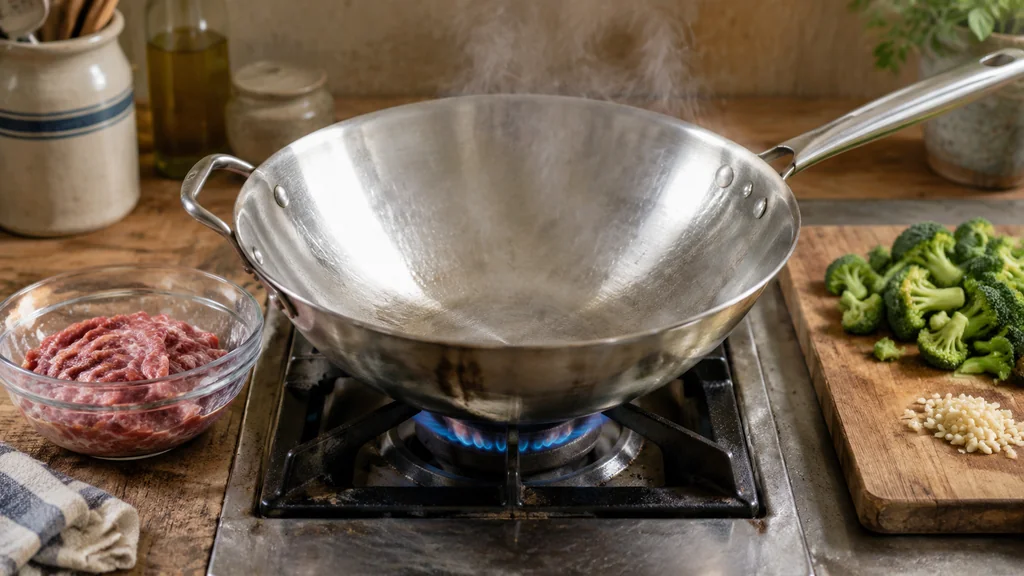 Wok on a burner with marinated beef and chopped broccoli