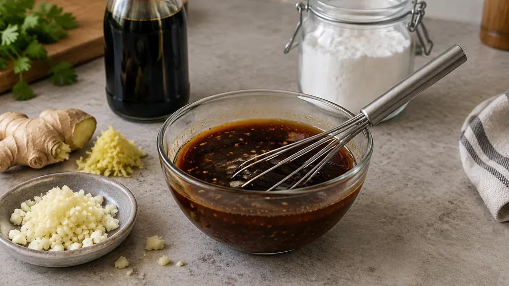 Bowl of glossy ginger soy stir-fry sauce with aromatics