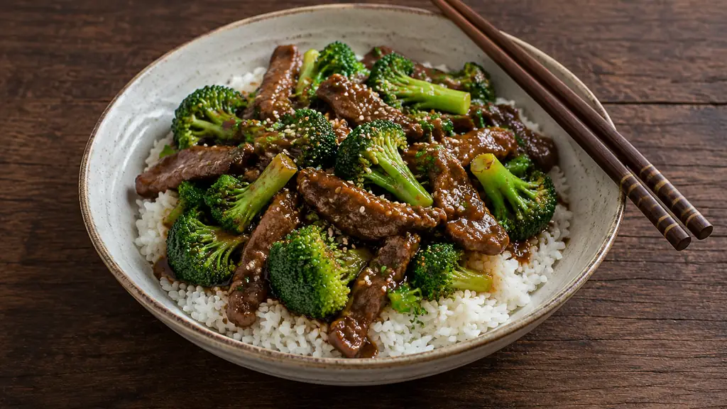 Plate of beef and broccoli stir-fry served over rice