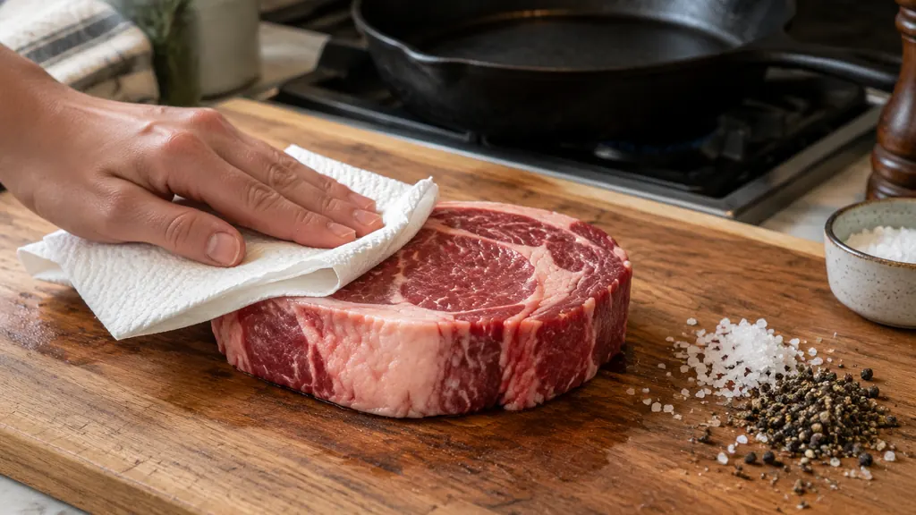 Raw ribeye being dried and seasoned next to a cast iron skillet