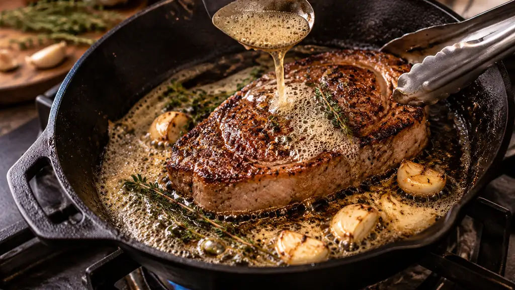 Steak basting with butter, garlic and thyme in a cast iron skillet