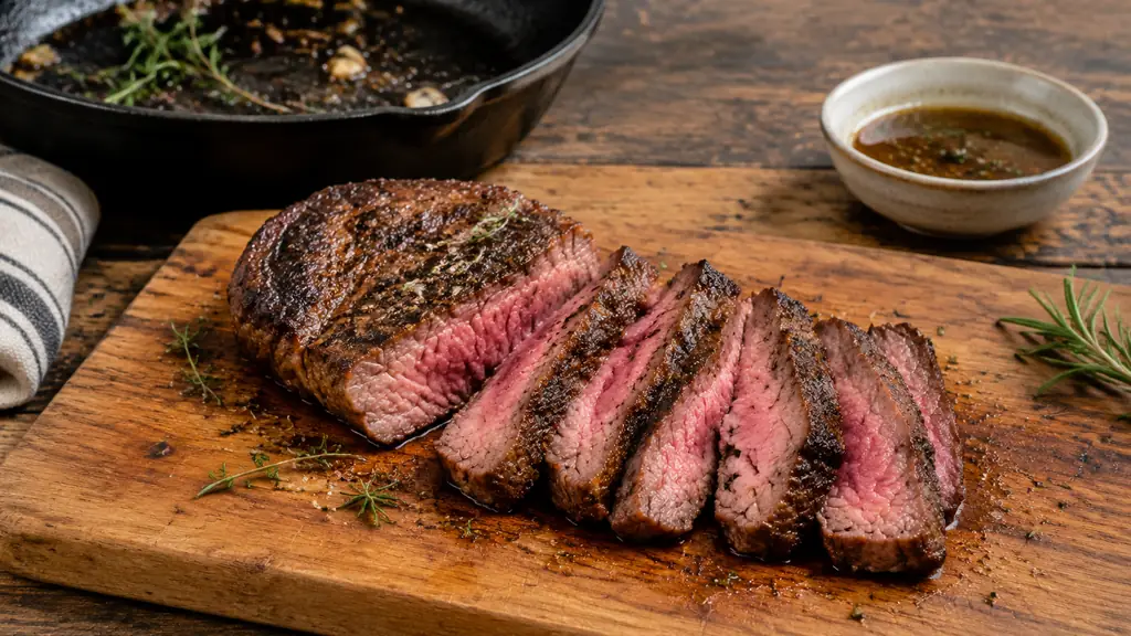 Sliced rested steak on a board with pan juices nearby