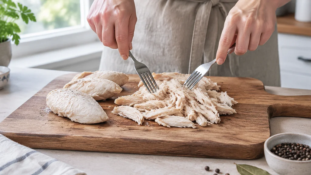 Hands shredding cooled poached chicken with two forks on a board