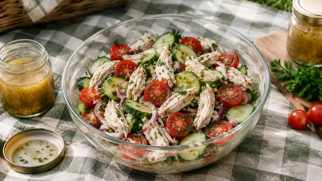 Vinegar-based chicken salad with tomatoes and cucumber in a glass bowl