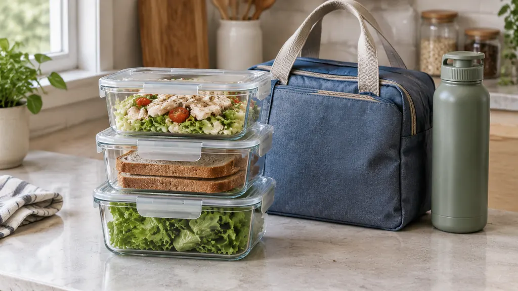 Meal prep containers of chicken salad packed for lunches