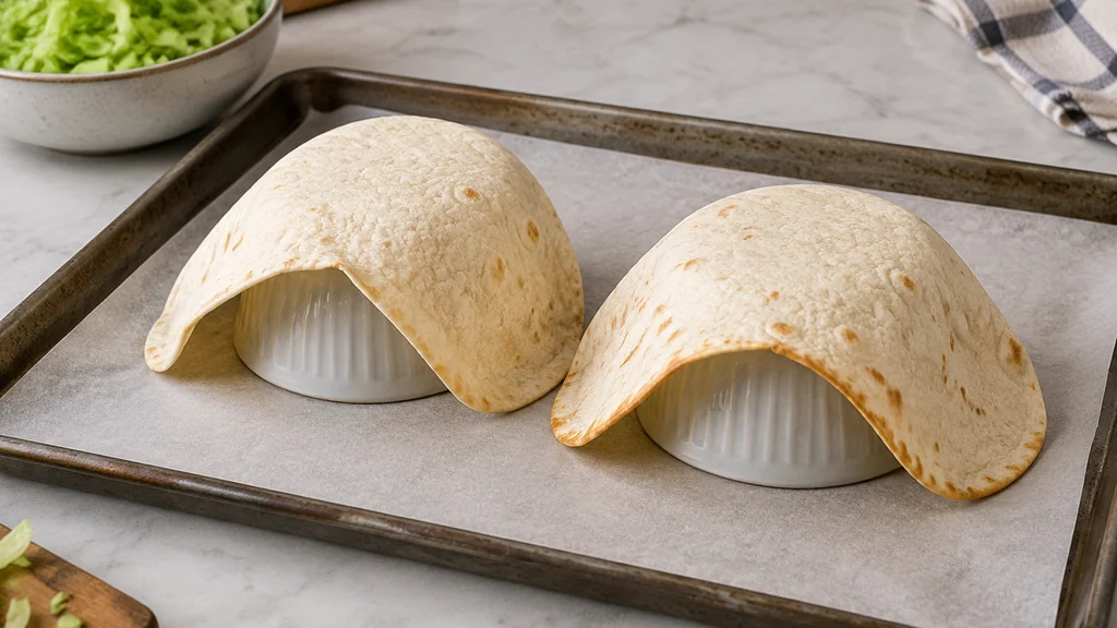 Flour tortillas shaped over inverted bowls on a baking sheet