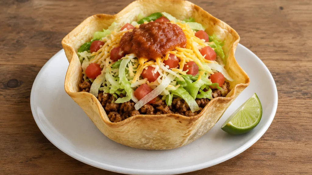 Baked tortilla bowl filled with taco salad toppings