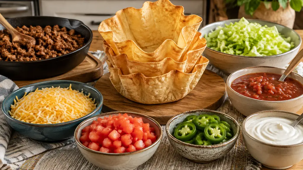Taco salad topping bar with bowls of fresh ingredients